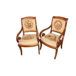 Pair of Directoire armchairs with petit point embroidered seats and backrests
